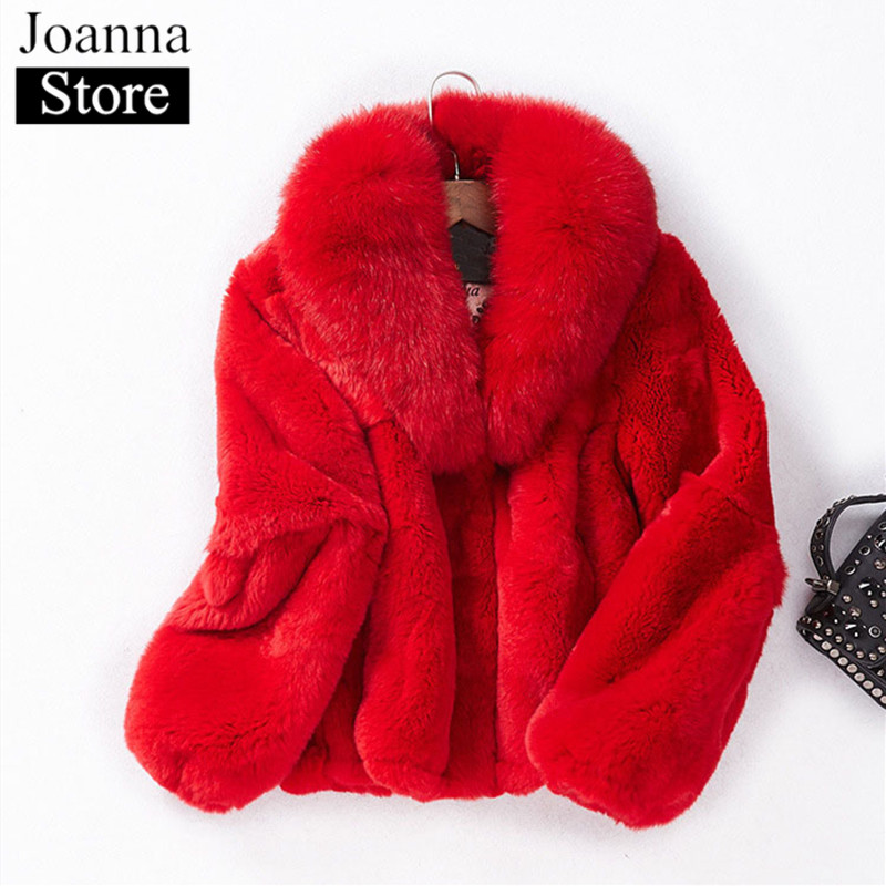 Faux Pelz Frauen Fuchs Pelz Kragen Winter Mantel Faux Kaninchen Haar Kurze Schlanke Rot Warme Jacken Plus Größe Gefälschte Pelz Dicke Damen outwear