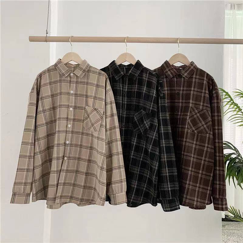 Camisas a cuadros Vintage para Mujer, camisa de manga larga de gran tamaño con botones, moda coreana, prendas de vestir informales para otoño, Tops, Blusas para Mujer
