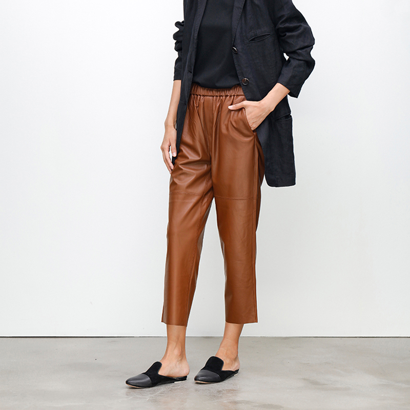 2021 novas mulheres ropa 100% natural calças de couro genuíno femme solto cônico cintura elástica cáqui/azul casual harlan calças