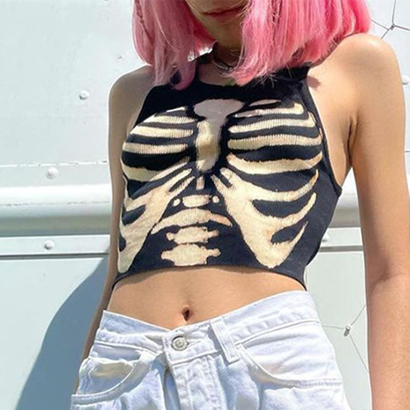 Camiseta sin mangas gótica Y2K con calavera para mujer, camisetas recortadas para chica, Tops cortos informales Harajuku ajustados y estéticos, ropa de calle