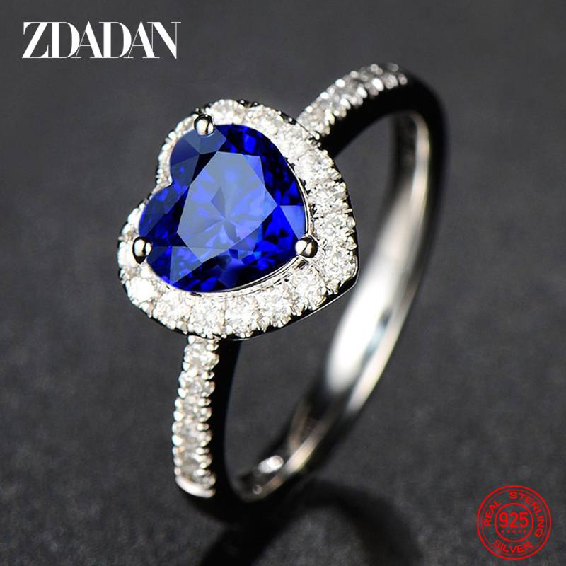 ZDADAN 925 en argent Sterling coeur bleu pierres précieuses anneaux pour les femmes bijoux de mariage cadeau de mode