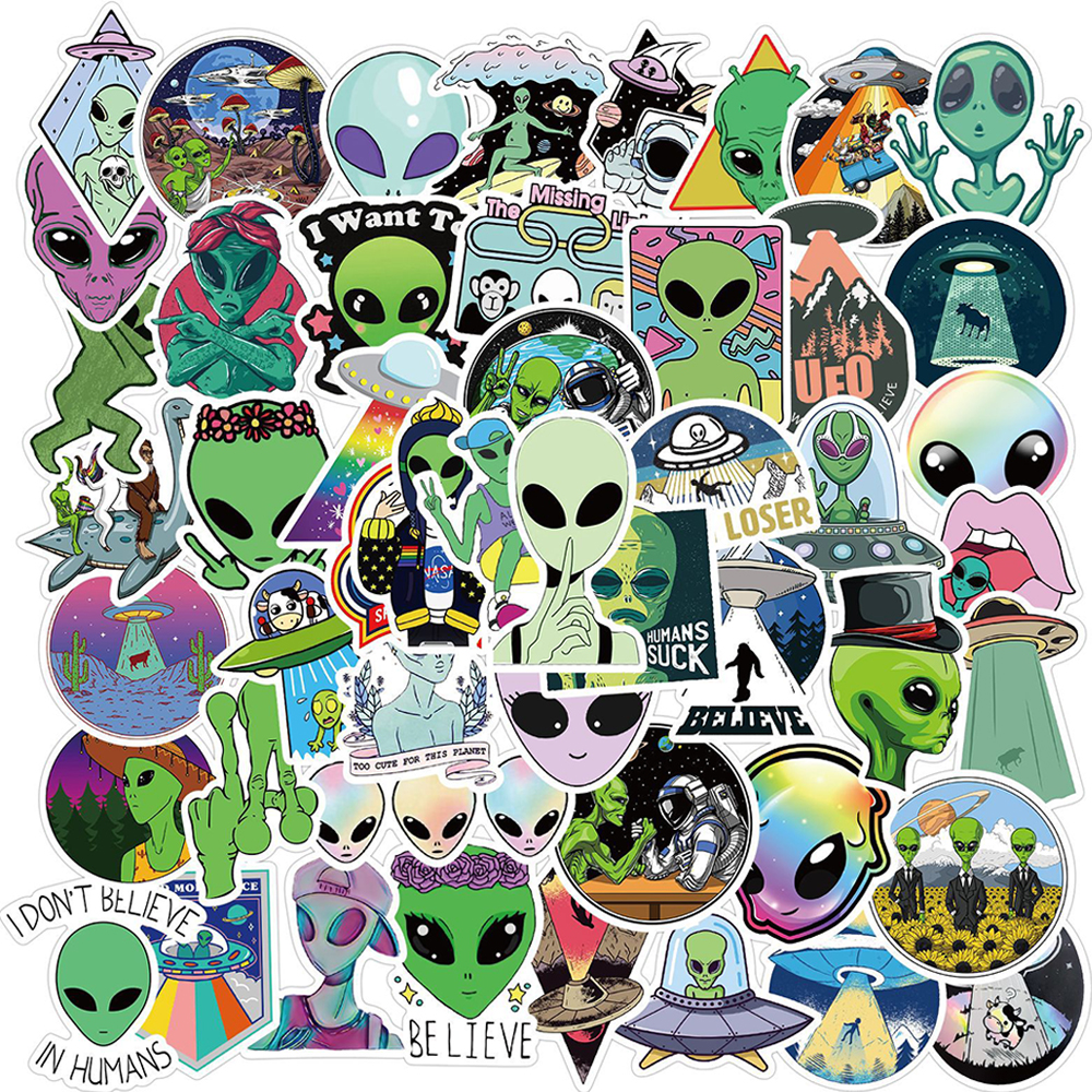 10/30/50 sztuk Cartoon UFO Alien naklejki Laptop DIY bagaż motocyklowy telefon gitara deskorolka wodoodporna naklejka z żartami zabawka dla dzieci