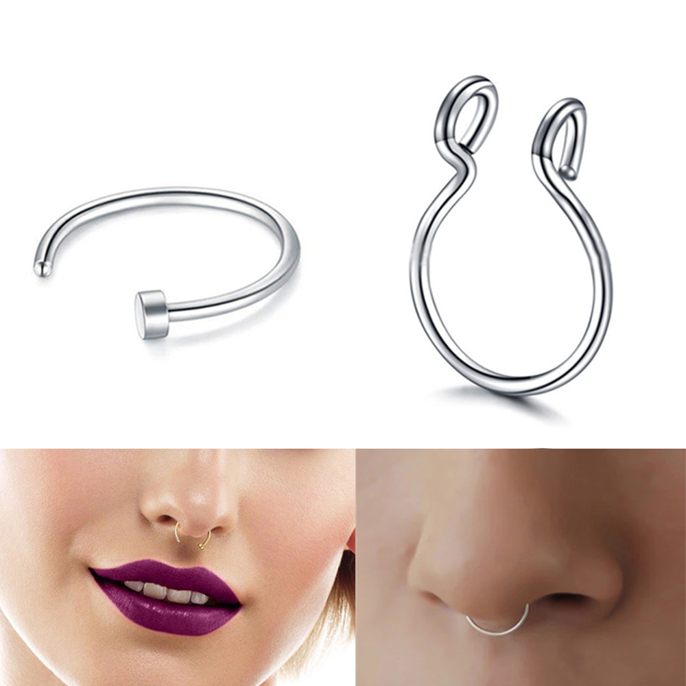 2 Buah Manset Tindik Cincin Hidung Baja Tahan Karat Perhiasan Tubuh Orang India Cincin Hidung Tindik Septum Palsu Aksesori Punk Ring Bibir Seksi