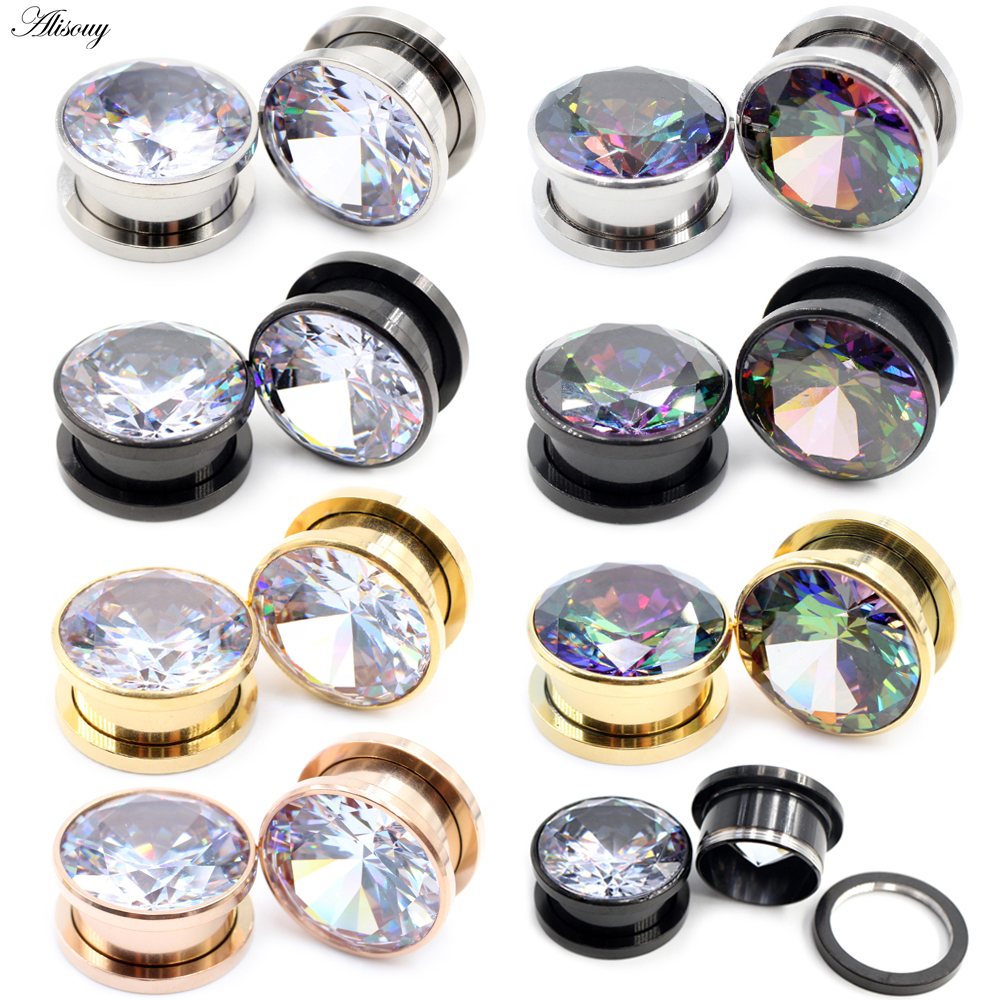 Alisouy Lot de 2 Tunnels d'oreille à vis en acier inoxydable avec cristal de zircone, Dilatateurs et Plugs, Bijoux de piercing corporel