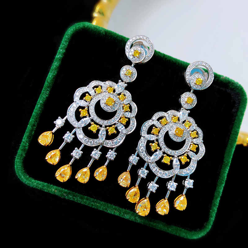 Foydjew Nieuwe Luxe Simulatie High Carbon Diamond Asscher Cut Gele Diamanten Kwastje Oorbellen Dames Boheemse Stijl Sieraden