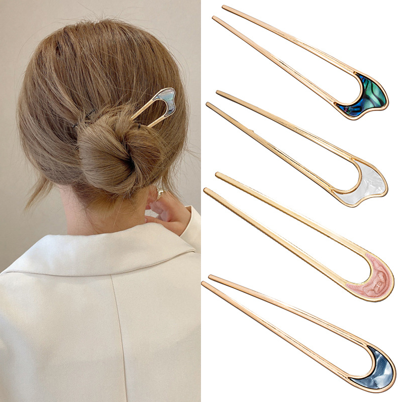 Accessori per capelli porta coda di cavallo in metallo a forma di U alla moda per le donne Forcina per forcelle coreane con conchiglia semplice color oro argento