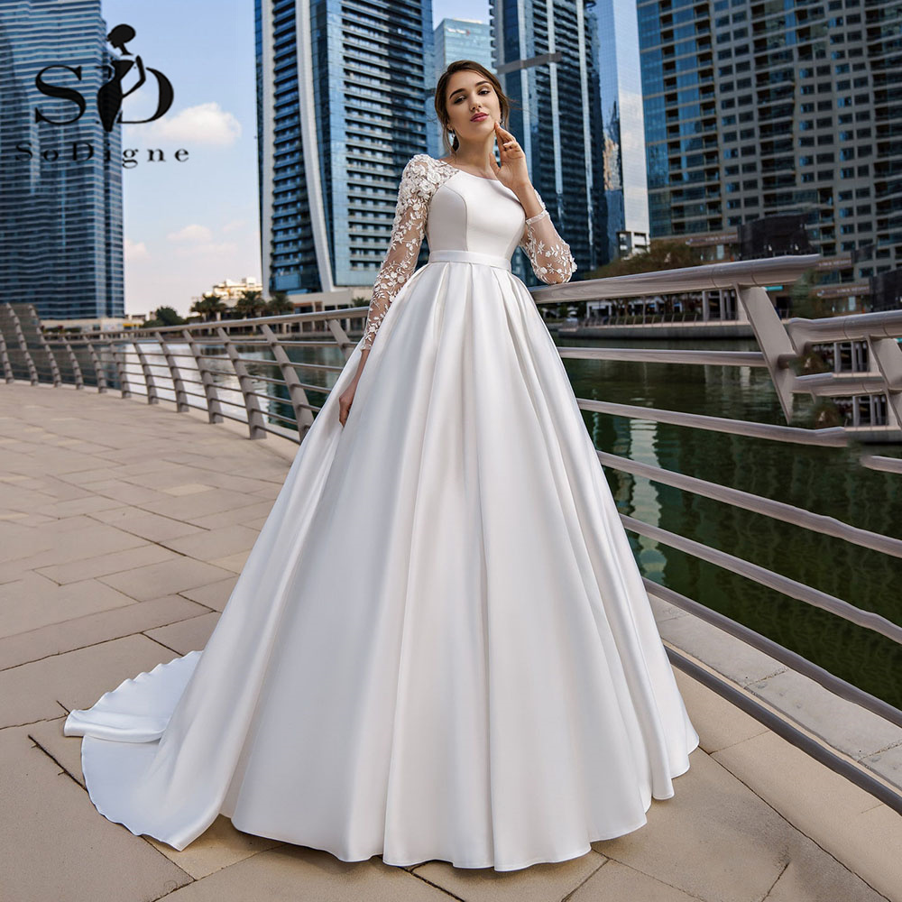 SoDigne Dubai Скромные свадебные платья Кружевное атласное платье невесты с длинными рукавами и поясом Женские элегантные свадебные платья по индивидуальному заказу