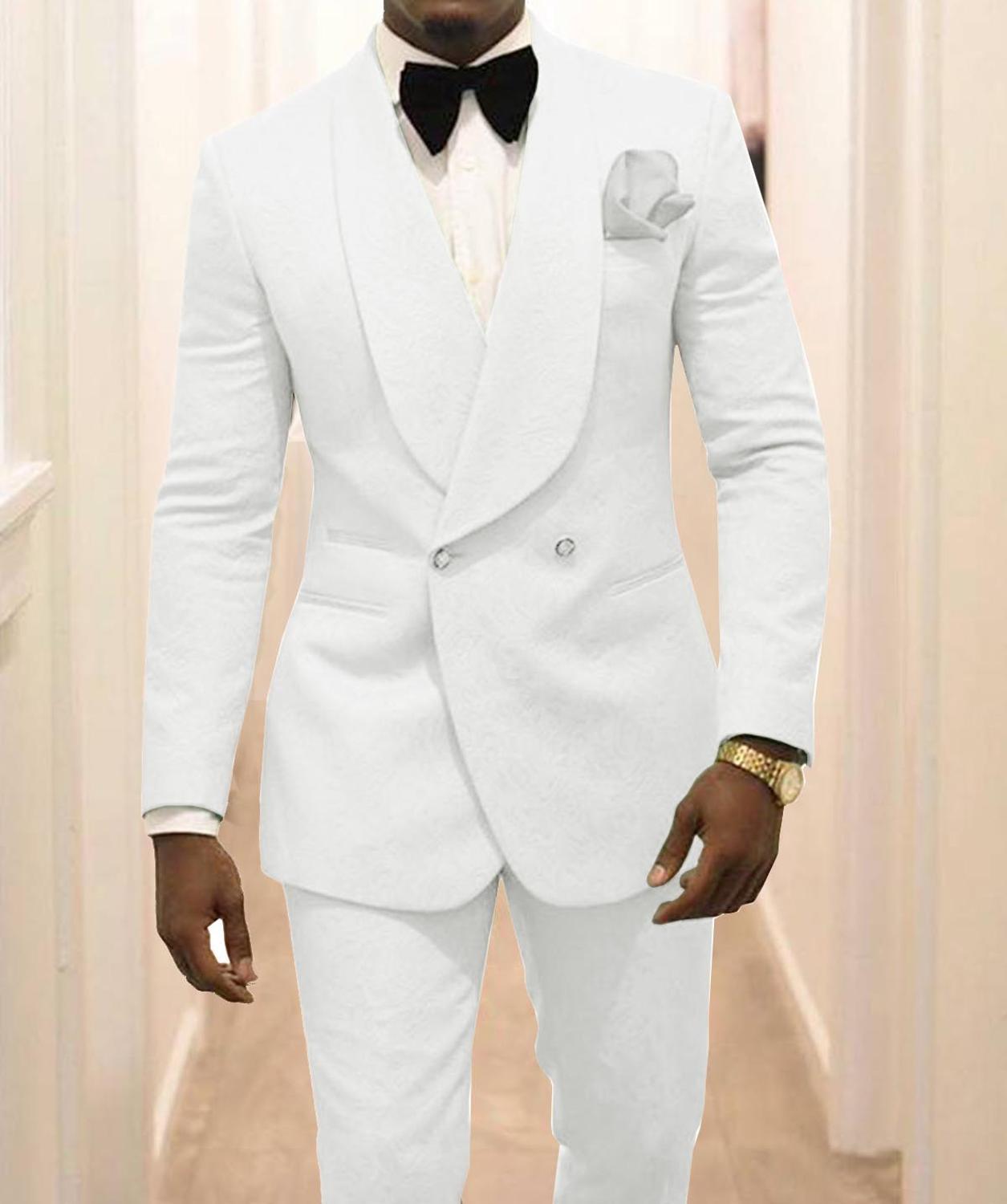 Ternos Custom Made Groomsmen, Padrão Branco, Smoking Do Noivo, Lapela Xale, Melhor Homem, Jaqueta, Calças, Gravata, Casamento, C922, 2 Pcs