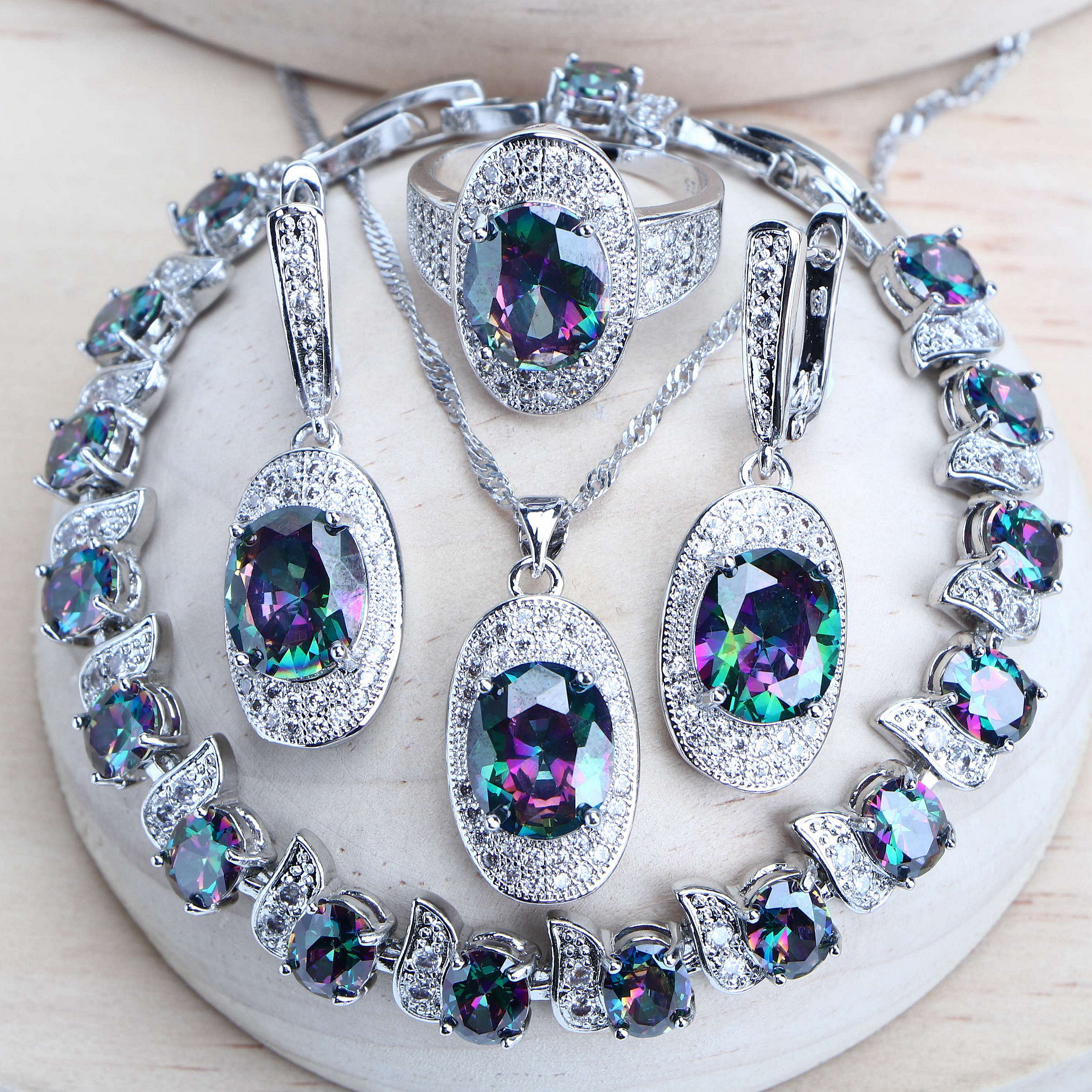 Silber 925 Damen-Brautschmuck-Sets, Regenbogen-Zirkonia, Modeschmuck, Hochzeit, Ohrringe, Ringe, Armbänder, Anhänger, Halskette