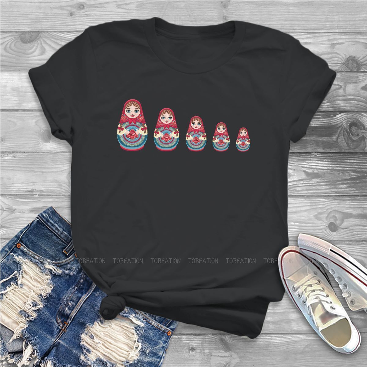 Babuszka układanie zagnieżdżanie kobiet TShirt Matrioskas Matryoshka lalka rosyjska herbata Crewneck dziewczyny topy 4XL pani T Shirt Humor prezent