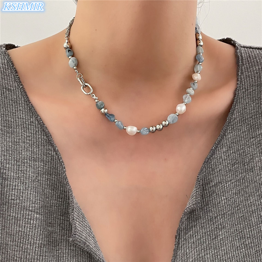 Kalung Kristal Biru Batu Alam Kshmir Desain Ceruk Mutiara Air Tawar Alami Merasa Segar Rantai Tulang Selangka Wanita