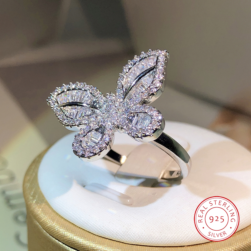 Anillo de Plata de Ley 925 con circonita blanca y mariposa grande, lleno de diamantes para mujer, joyería para fiesta, boda, regalo de cumpleaños