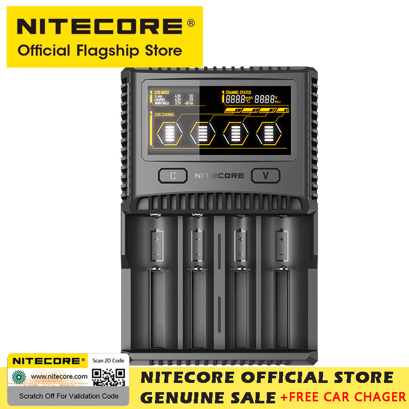 Nitecore Sc4 Intelligente Batterijlader Prachtig Vier Sleuven Snel Opladen Voor 18650 14450 16340 Aa Batterijen Met Autolader