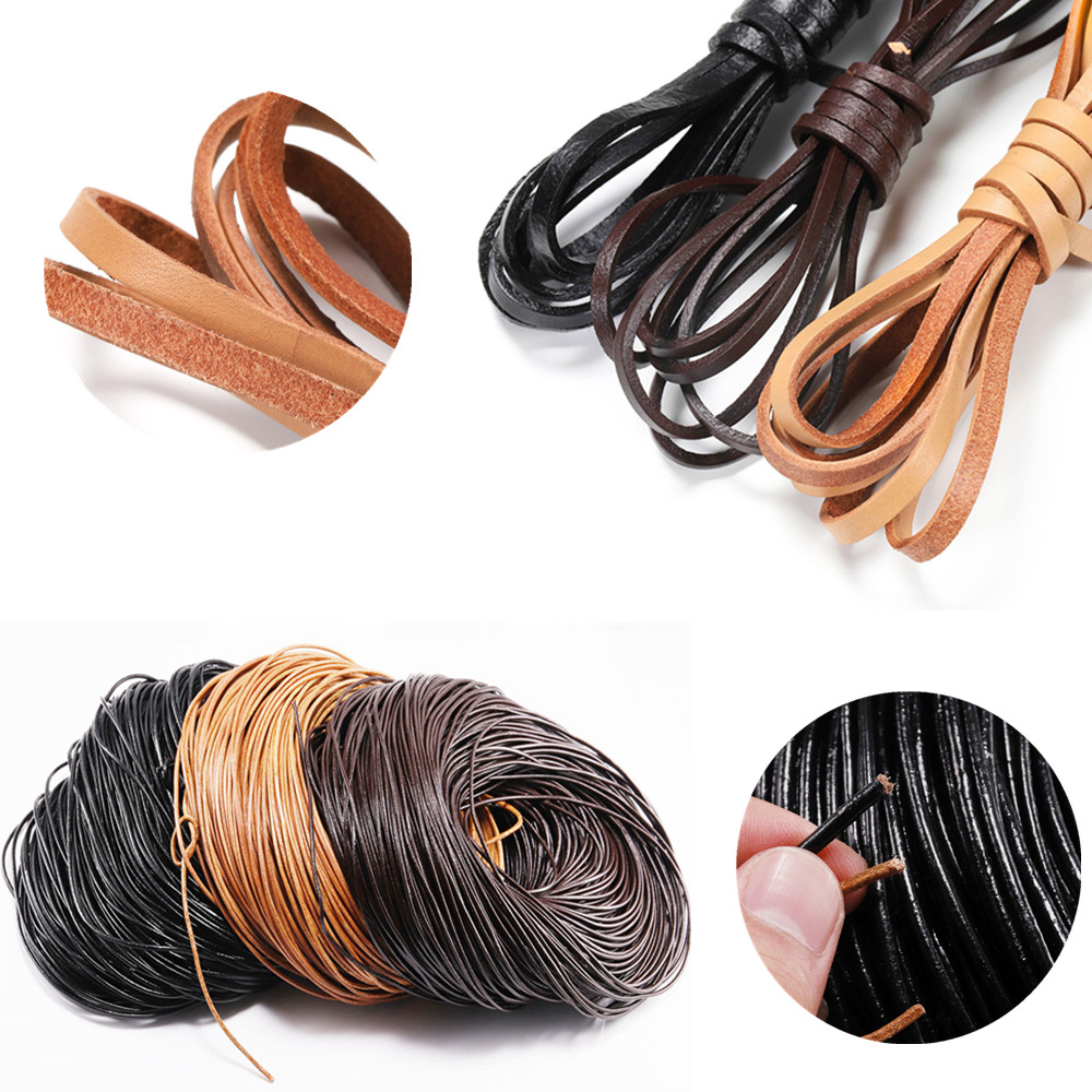 Corde en cuir de vache véritable rétro, 2/5 m, 1.5-10mm, rond/plat, UL, collier, bracelets, bricolage, outil de bijouterie
