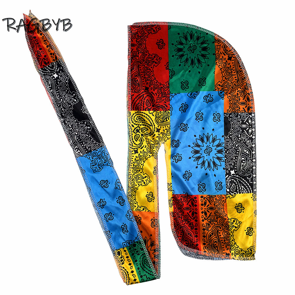 Moda męska jedwab Durag Paisley drukowanie Silky Durags bandany dla mężczyzn długie pasy nakrycia głowy szalik na głowę fala Cap Headwrap Durags