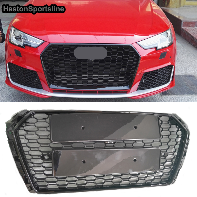 For RS4 Style Front Sport Honeycomb Hood Grill Gloss Black for Audi A4 B9 S4 Sline 2016-2020 Car Styling Accessories