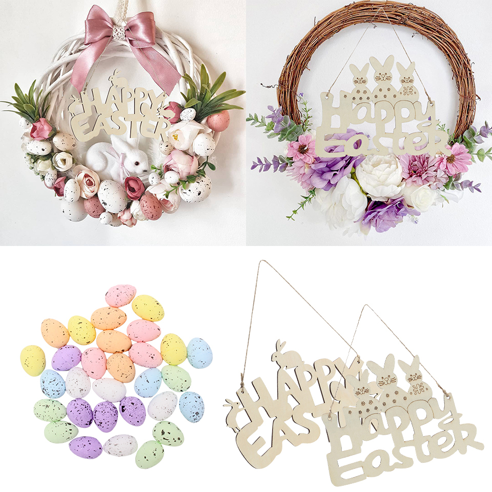 Pasen Foam/Plastic Eieren Diy Rotan Krans Happy Easter Wood Hanger Bunny Konijn Kleurrijke Houten Opknoping Voor Kids Party Decor