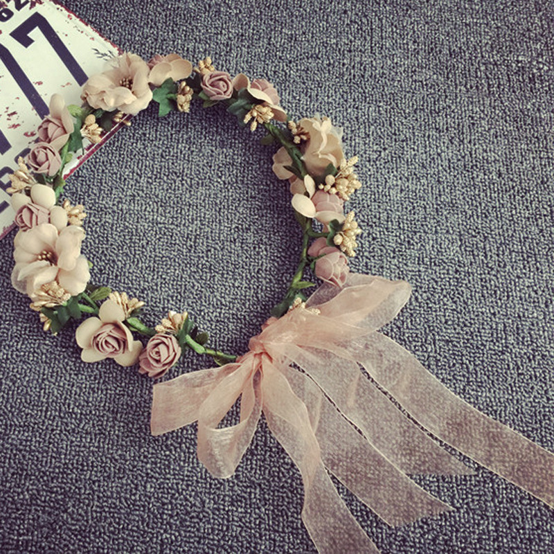 มงกุฎดอกไม้พวงหรีดเจ้าสาว Garland กับริบบิ้น Communion พวงหรีด Handmade Headband Headpiece Fairy Tiaras งานแต่งงานอุปกรณ์เสริมผม
