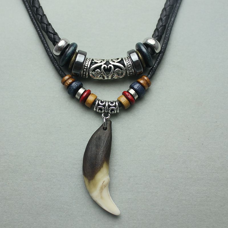 Collier en alliage de cuir véritable pour homme, tour de cou à breloques, pendentif dent de loup, style ethnique rétro