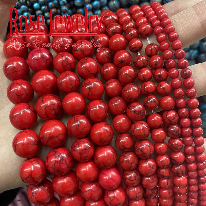 Grosir Batu Alam Merah Howlite Pirus Bulat Manik-manik Longgar 6 8 10 12Mm Gelang Cocok Diy Manik-manik Pesona untuk Membuat Perhiasan 15"