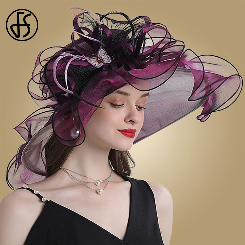 FS Wedding Bride Wide Brim Fascinators Fedora Hats For Women Ladies Organza Sun Hats Flower Party Kentucky Church Fedoras Hat