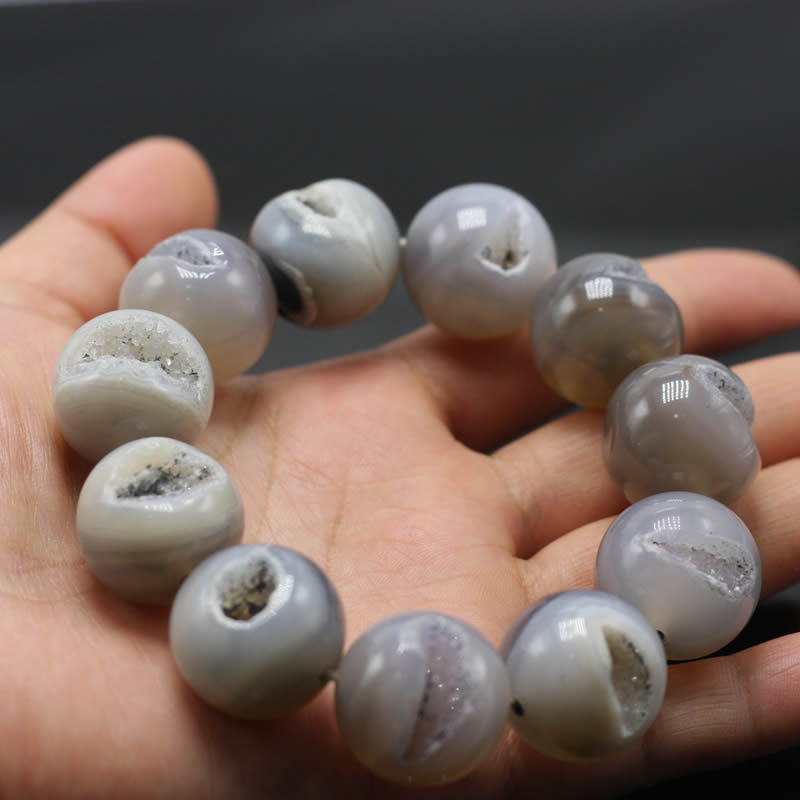 Pulseras de Cuarzo Druzy de Ónix Gris de 14/16/18/20mm, Brazalete Elástico Natural con Cuentas Redondas de Piedra Veteada, Regalo para Hombre