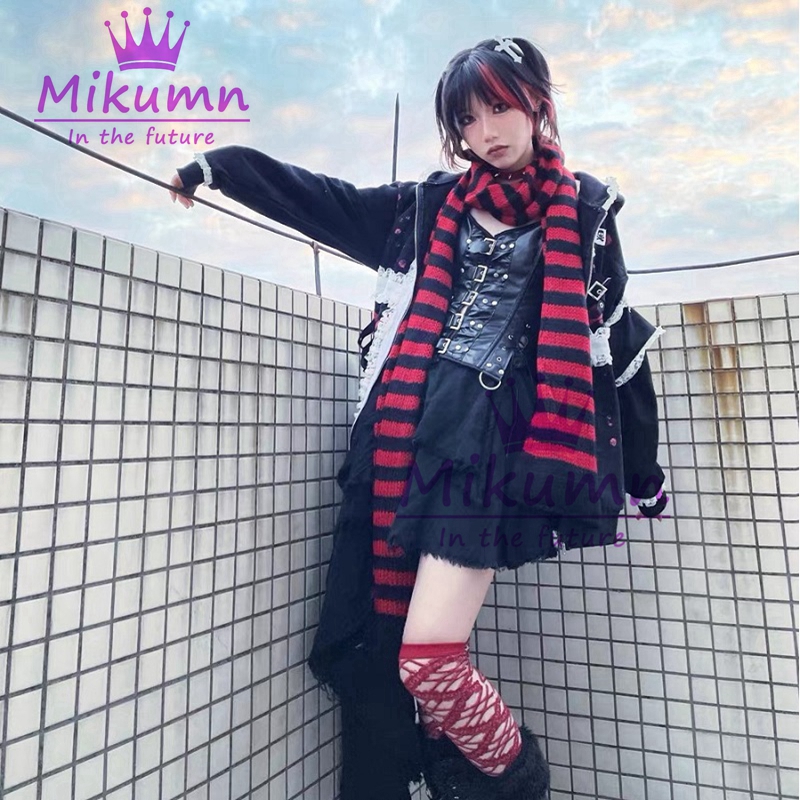Mikumn harajuku punk moda cinza vermelho preto listrado cachecol feminino menina inverno quente cachecóis de malha streetwear