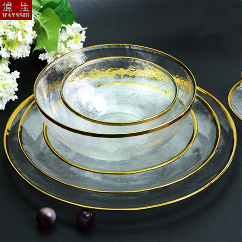 Nordic style gold-plated glass plate for fruit, dessert, salad, soup bowl, dinner, hotel, wedding, decorative tableware