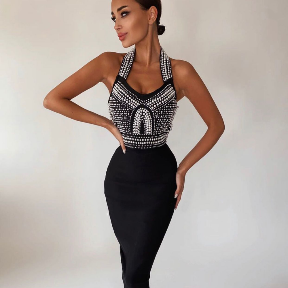 Topkwaliteit High Street Wit Zwart Sexy Off Shoulder Mouwloze Kralen Glanzende Knielengte Bandage Jurk 2021 Celebrity Party