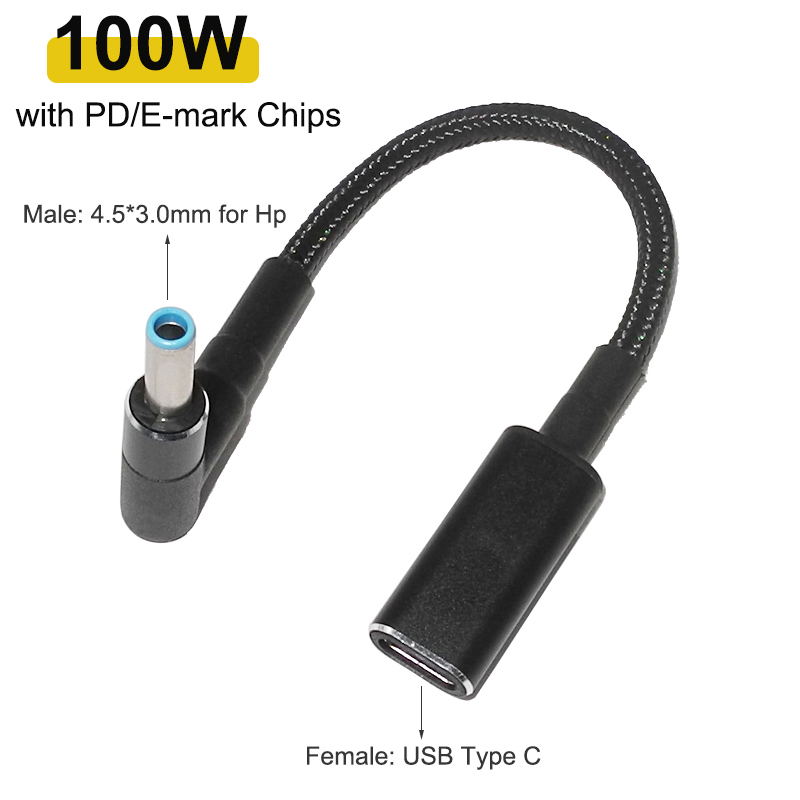 Câble de charge rapide USB Type C 100W, convertisseur de prise de Type C à 4.5x3.0mm, adaptateur d'alimentation cc, connecteur pour Hp Pavilion Envy Elitebook