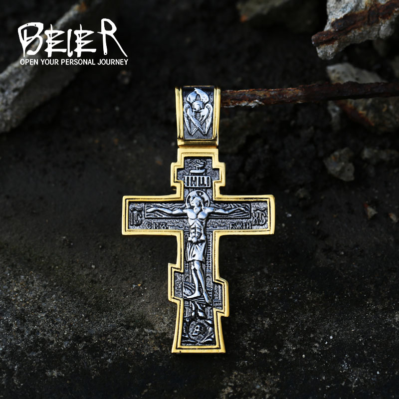 Jesus Kreuz Herren Edelstahl Kruzifix Östliche orthodoxe Anhänger Kette Halskette Schmuck BP8-515