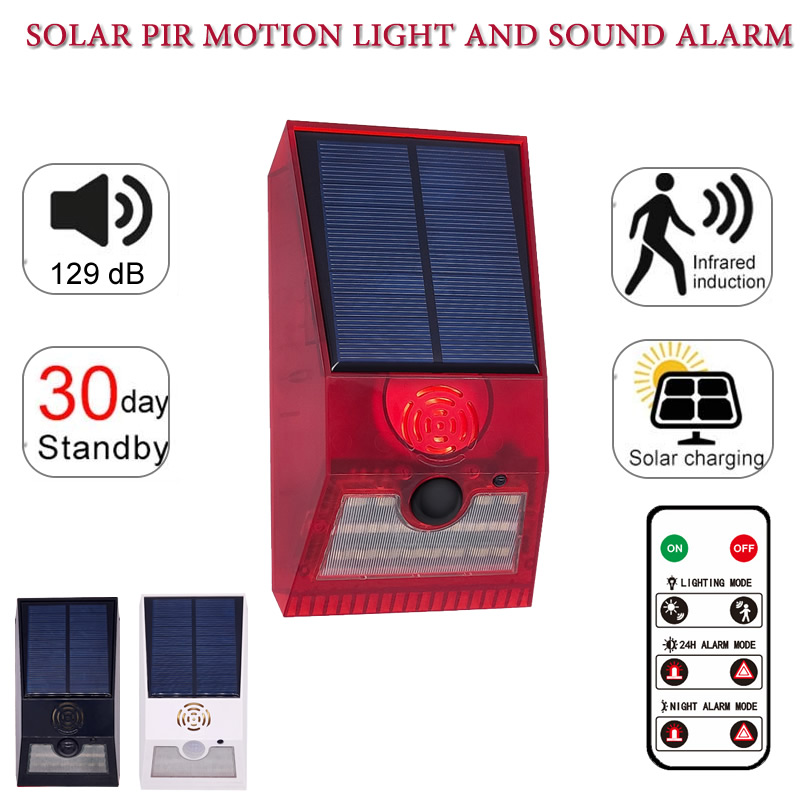 Multi-fonction solaire PIR capteur de mouvement alarme lumière télécommande 129dB sirène pour maison jardin hangar caravane ferme lampe de sécurité