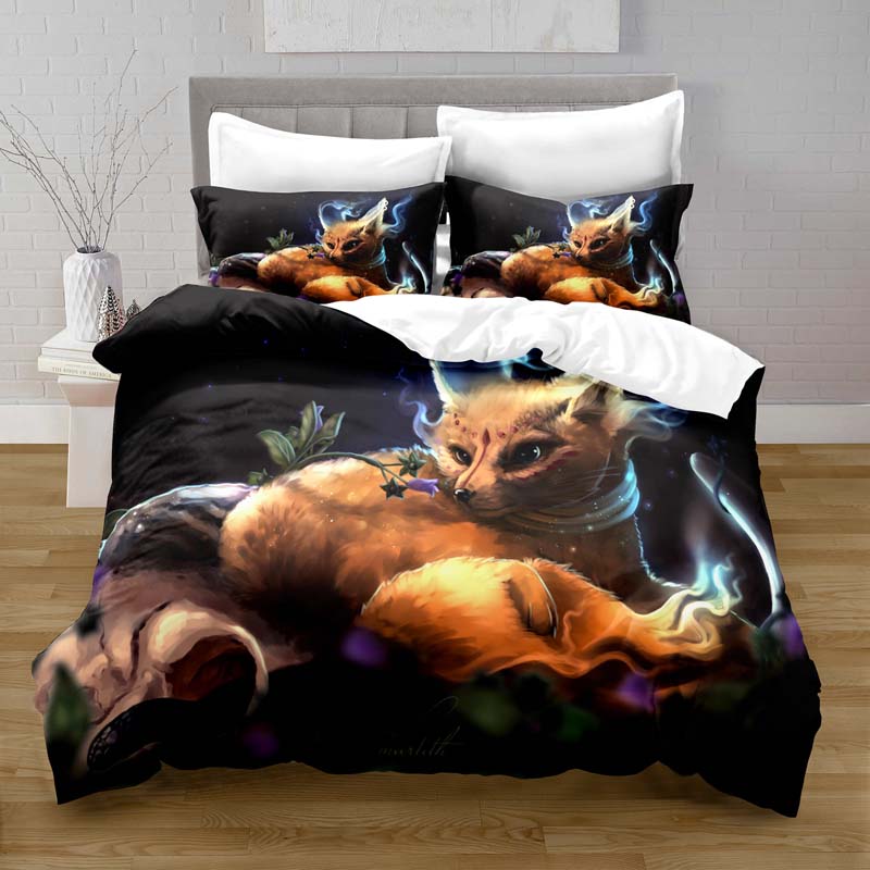 Set tempat tidur motif Digital penutup selimut rubah fantasi poliester 100% dengan Set tempat tidur sarung bantal untuk anak perempuan Set tempat tidur selimut