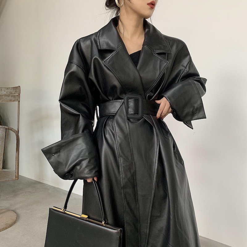 Casaco trench coat longo de couro PU oversized para mulheres, manga comprida, lapela, ajuste solto, estilo outono, preto, roupa feminina, streetwear.