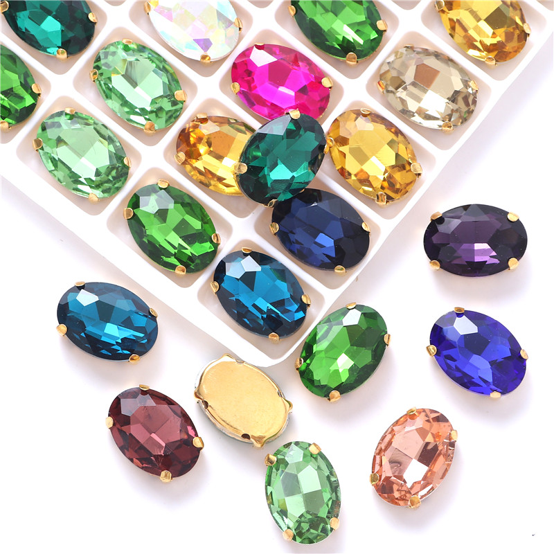 Forma oval de vidro costurar em strass com garra de ouro artesanato strass costurar em pedra acessórios de vestuário saco de sapatos diy