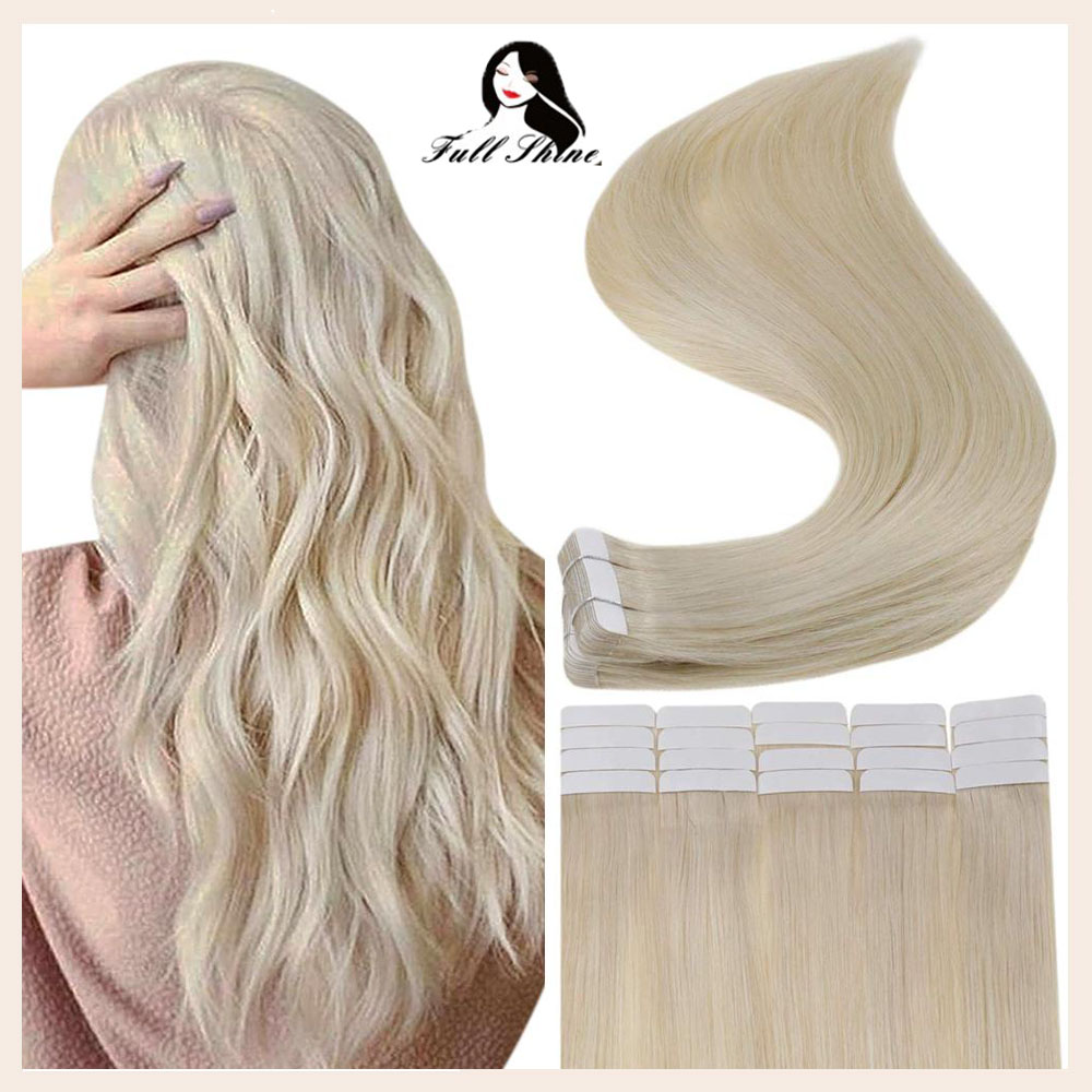Nastro per capelli biondi puri con lucentezza completa nelle estensioni dei capelli umani 20 pezzi Colla adesiva per trama della pelle sui capelli Fatto a macchina Remy Umano senza soluzione di continuità