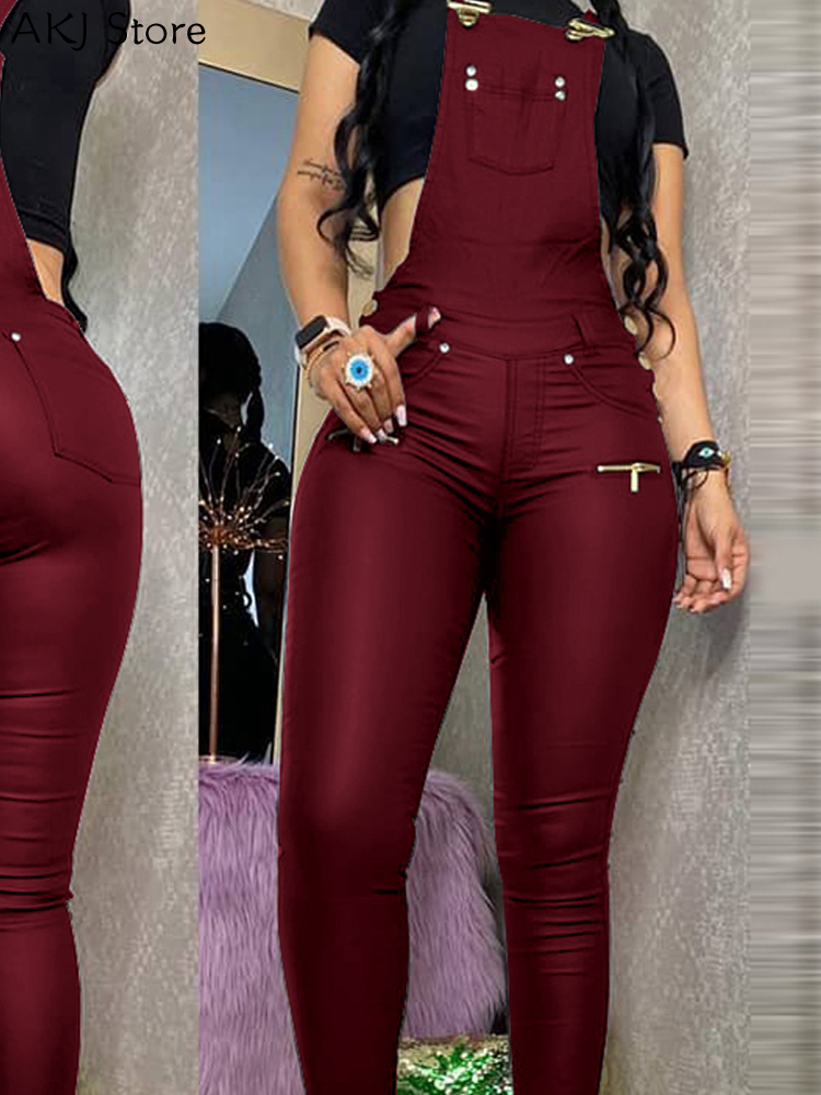 Trajes de una pieza para mujer, mono de PU con hebilla y cremallera, mono con tirantes