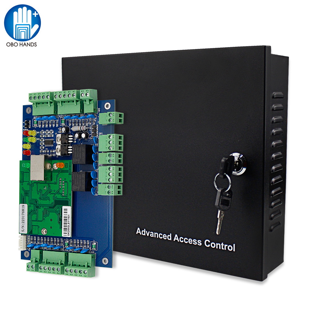 Four Doors Network TCP/IP Wiegand Access Control Board Panel with Software RFID Entry System DC12V Power Supply Box for 1/2 Door