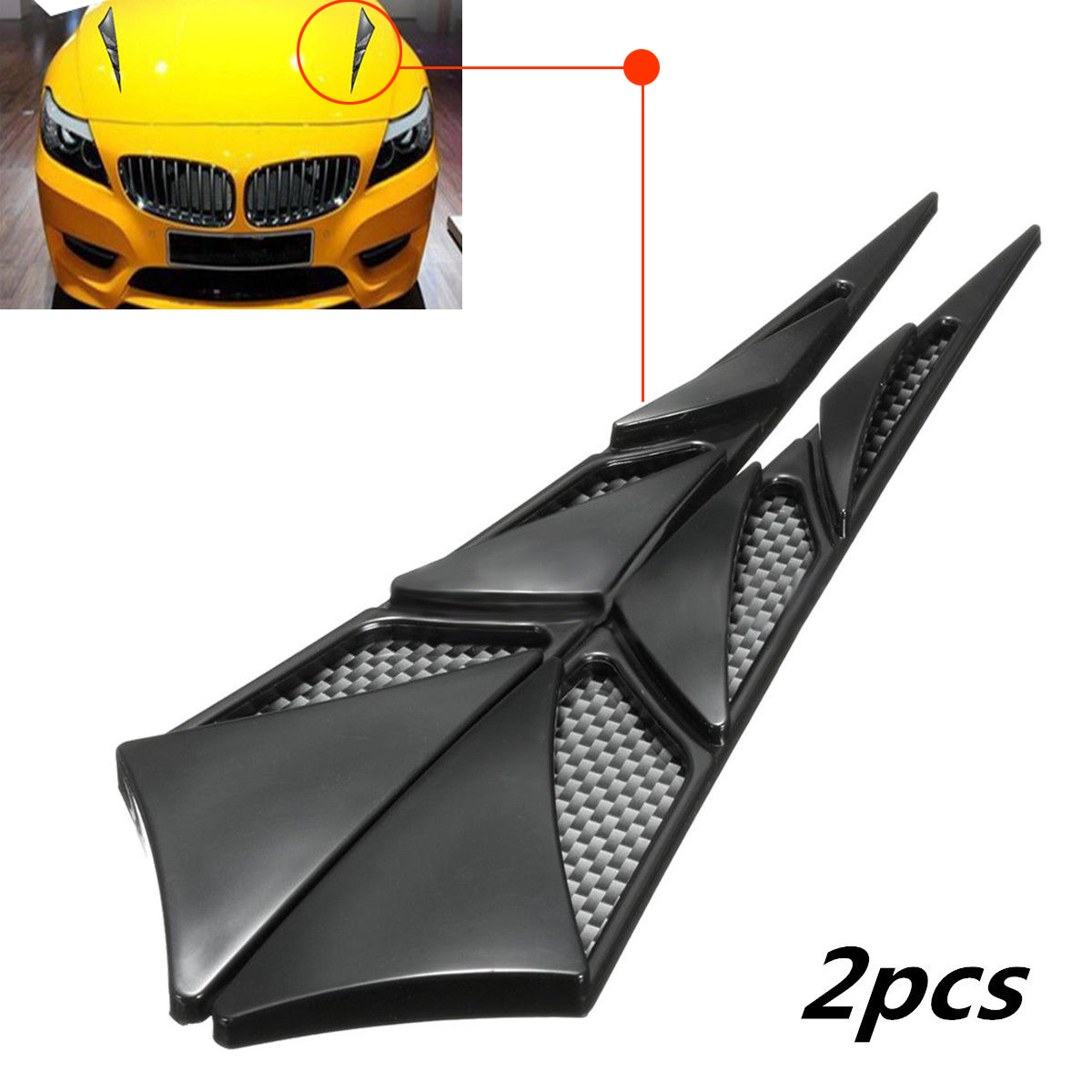 2 pezzi di auto nere per auto, sintonizzazione del flusso d'aria, paletta di aspirazione, cofano, copertura di sfiato, rivestimento del cofano, decorazione, accessori esterni universali