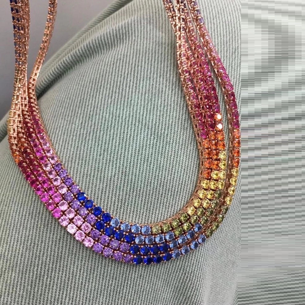 Hurtownia Iced Out Bling Rainbow Kolorowa cyrkonia sześcienna CZ 5mm Łańcuch tenisowy Charm Choker Naszyjnik Biżuteria Prezent dla kobiet16" 18"