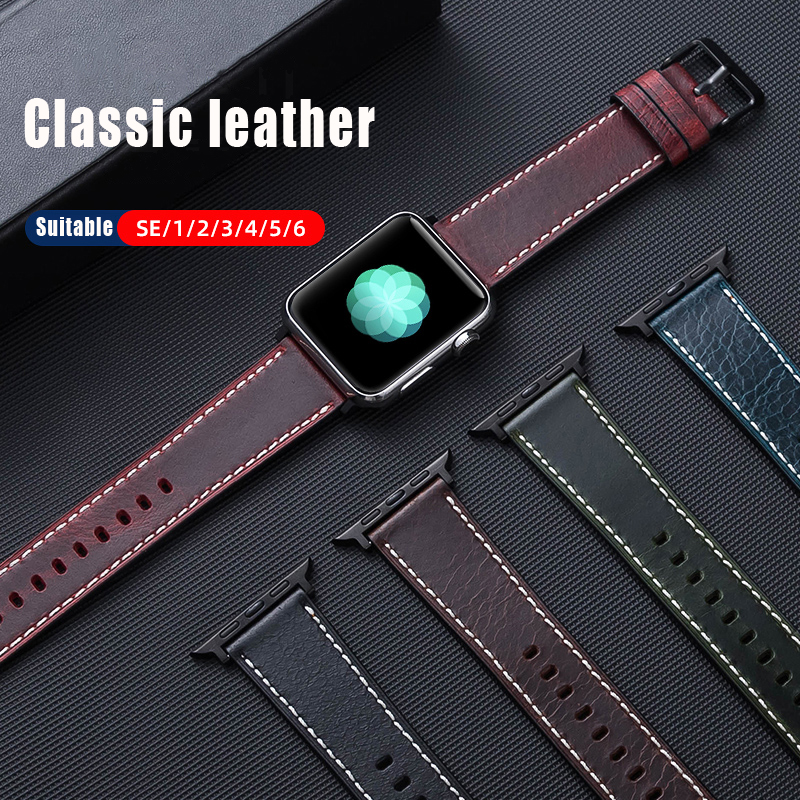 Correa de cuero para Apple watch, banda de 44mm y 40mm para iWatch de 38mm y 42mm, pulsera de cuero genuino para Apple watch 6 5 4 3 se 44 40 42 38mm