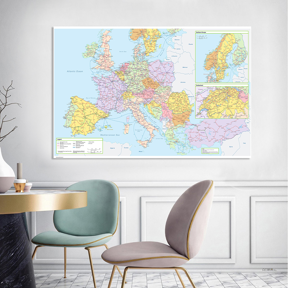 225*150Cm Trong Châu Âu Bản Đồ Chính Trị Tuyến Giao Thông Bản Đồ Lớn Poster Không Dệt Tranh Canvas Đồ Dùng Học Tập trang Trí Nhà Cửa