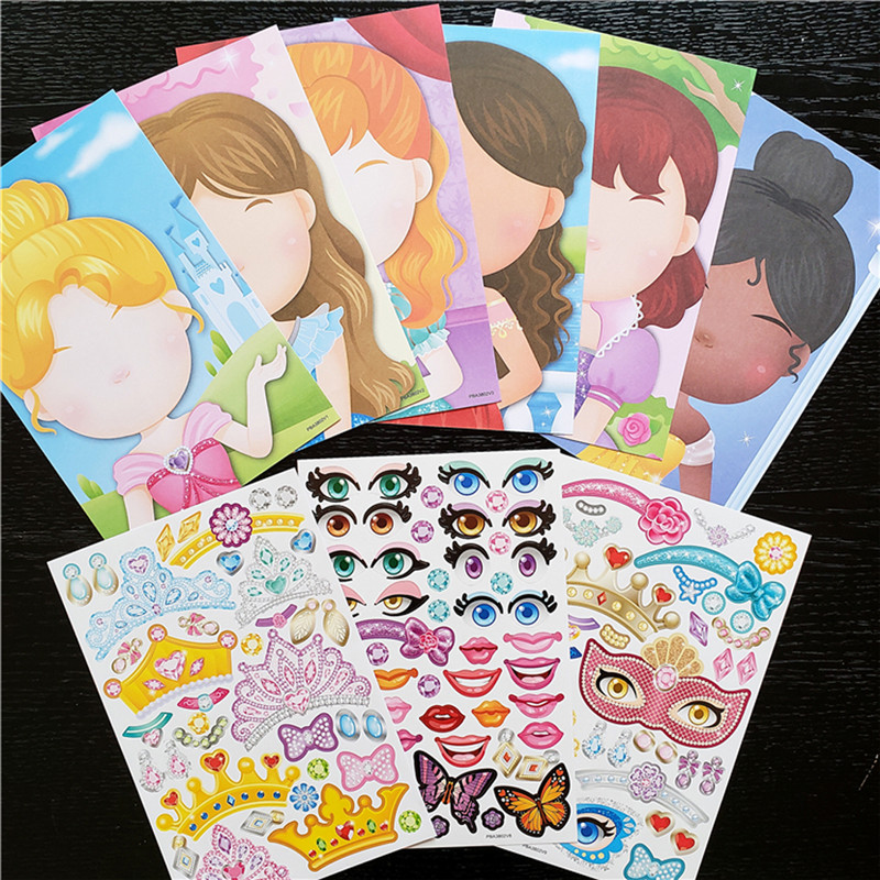 สติกเกอร์ DIY สติกเกอร์น่ารักเกมปริศนาสำหรับเด็กทำ-A-Face เจ้าหญิงสัตว์ไดโนเสาร์ประกอบของเล่นสำหรับการฝึกเด็กผู้หญิง