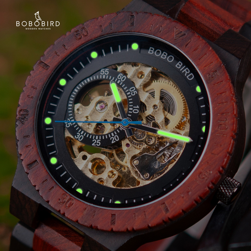 BOBO BIRD Relógio Mecânico De Madeira Masculino Relógio De Pulso Automático De Luxo Mãos Luminosas Relógio Cronógrafo Logo Personalizado Personalizar Grande Caixa De Presente Suporte de joias elegante atacado