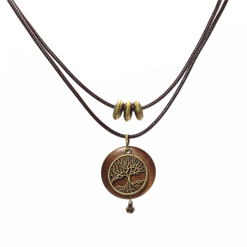 Nova chegada do vintage camisola corrente gargantilha colar bronze árvore redonda de madeira pingente colares para mulher 2 camadas jóias