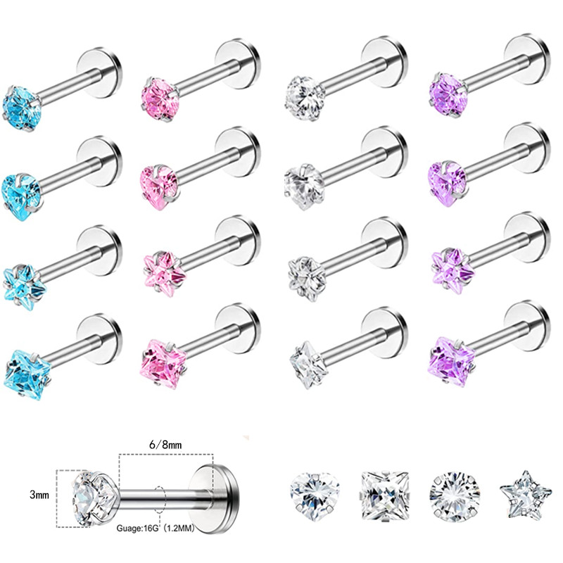4PCS หัวใจคริสตัล Tragus Piercing ต่างหูชุดแบน Labret เจาะชุดแหวน Lot Conch กระดูกอ่อนสตั๊ด Helix Lobe ต่างหูชุด