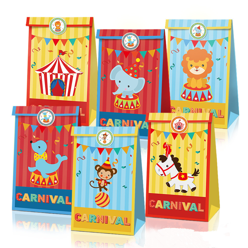 12 Uds. Bolsas de regalos para fiesta de cumpleaños con animales de circo, decoraciones para fiestas y festivales de carnaval, bolsas de papel para dulces, bolsas de embalaje para Baby Shower