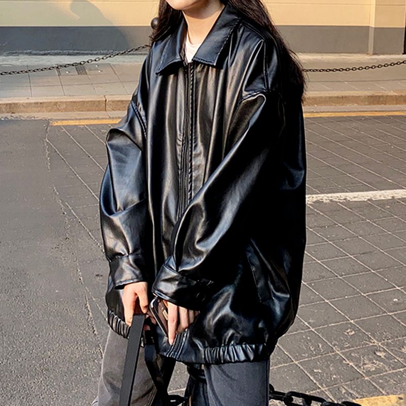 Coreano jaqueta de couro preto feminino inverno longo moto biker jaqueta com zíper streetwear harajuku y2k solto casaco feminino 2023