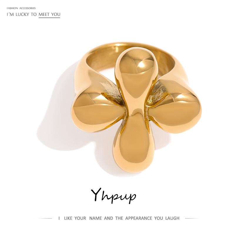 Yhpup anel de declaração de aço inoxidável, novo design, textura metálica, anel de dedo banhado a 18 k, joias à prova d'água, bagues pour femme