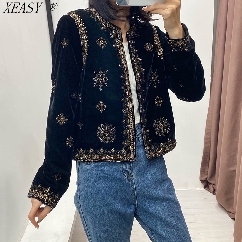 Frauen Retro Palace Stil Schwere Industrie Stickerei Pailletten Dekorative Samt Kurze Strickjacke Jacke Herbst Und Winter